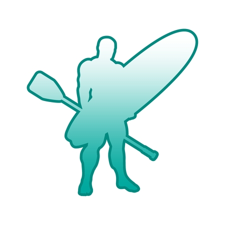 Man posing with surfboard and paddle. Vintage surfing outline emblem. Stand up paddle boardingのイラスト素材