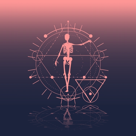 Mystery, witchcraft, occult and alchemy tattoo sign. Mystical vintage gothic geometry thin lines symbol with silhouette of a human skeletonのイラスト素材