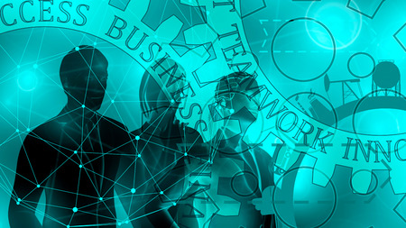 Silhouettes of business people. Toned image double exposure. Industry 4.0 concept