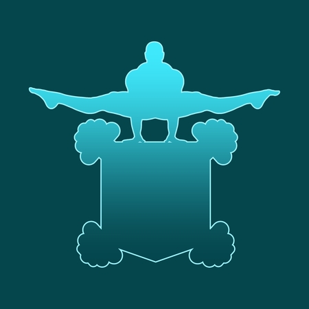 Muscular man posing on shield emblem. Bodybuilding coat of arm. Outline design sport badge or emblemのイラスト素材