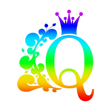 Vintage royal emblem with Q letter silhouette decorated by floral pattern. Medieval queen crown. Fashion branding emblemのイラスト素材