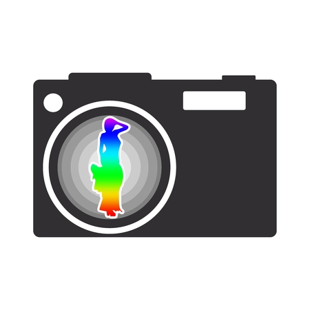 Illustration of photo camera icon with lens aperture and woman silhouetteのイラスト素材