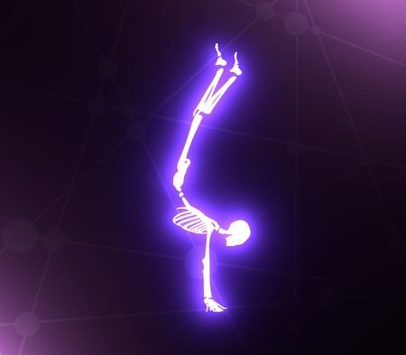 Human skeleton working out, doing handstand. 3D rendering. Halloween party design template