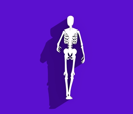 Human skeleton posing. Halloween party design template. 3D rendering. Web icon with long shadowの写真素材