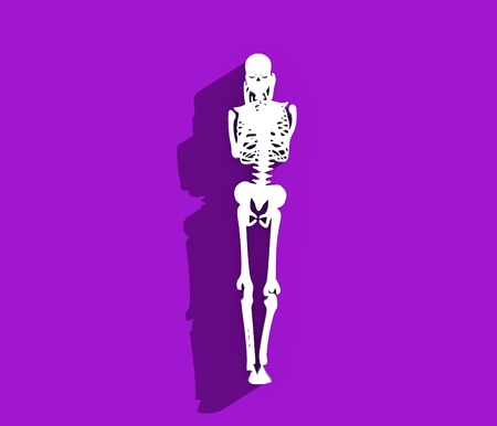 Human skeleton posing. Halloween party design template. 3D rendering. Web icon with long shadowの写真素材