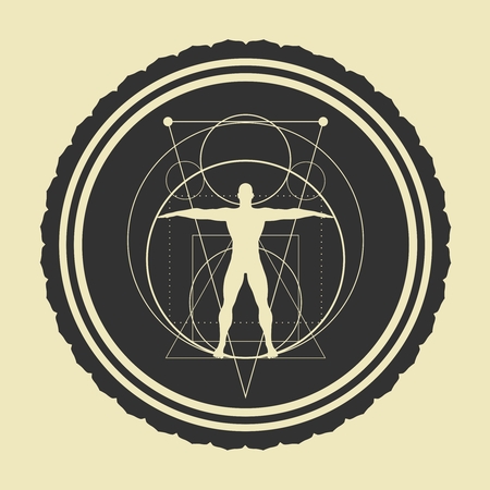 Mystery, witchcraft, occult and alchemy sign. Mystical vintage gothic geometry thin lines symbol with silhouette of a muscular man. Esoteric style stampのイラスト素材
