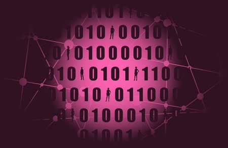 Binary code background with silhouettes of women. Algorithm binary, data code, decryption and encoding, row matrixのイラスト素材