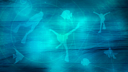 Silhouettes of divers and fishes around. The concept of sport diving.の写真素材