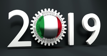 Cog wheel with Italy flag. Precision machinery relative backdrop. 2019 year number. 3D rendering
