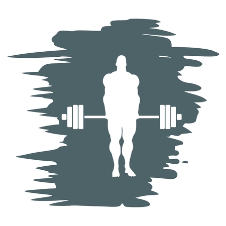 Bodybuilding and barbell silhouettes. Bodybuilder posing on grunge brush stroke.のイラスト素材