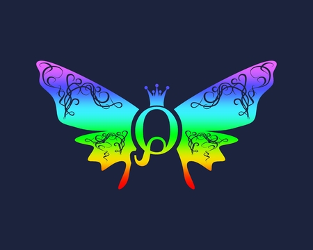 Vintage royal emblem with Q letter silhouette and butterfly wings. Medieval queen crown. Fashion branding emblemのイラスト素材
