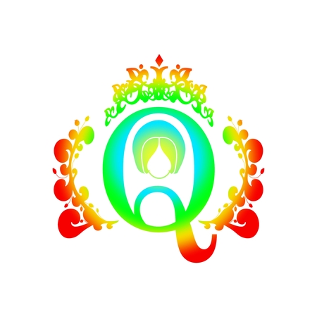 Vintage queen silhouette. Medieval queen profile. Elegant silhouette of a female head. Royal emblem with Q letter decorated by floral patternのイラスト素材