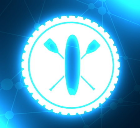 Surfboard and paddles. Surfing outline emblem. Stand up paddle boarding. 3D rendering. Neon bulb illuminationの写真素材