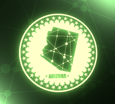 Image relative to USA travel. Arizona state map textured by lines and dots pattern. Stamp in the shape of a circle. 3D rendering. Neon bulb illuminationの写真素材