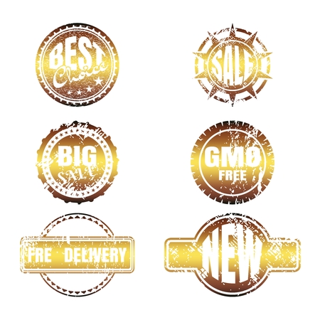 Stamps and stickers icons set. Kit collection of graphic design elements. Distressed grunge textureのイラスト素材