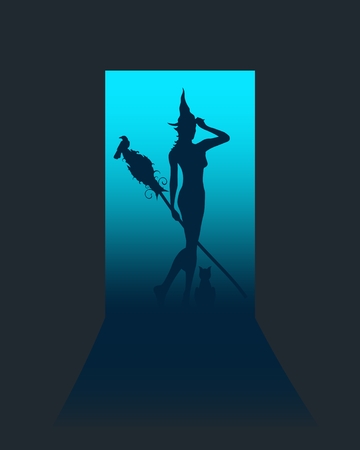 Illustration of standing young witch into the house through the open door. Witch silhouette with a broomstick. Halloween relative imageのイラスト素材