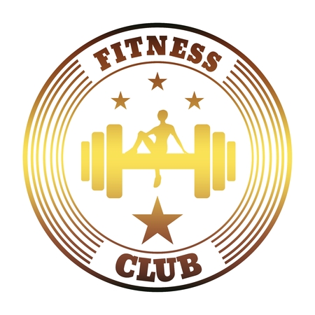 Sporty woman sits on a dumbbell. Short hair girl silhouette. Fitness club text. Emblem for sport club. Stamp in the shape of a circleのイラスト素材