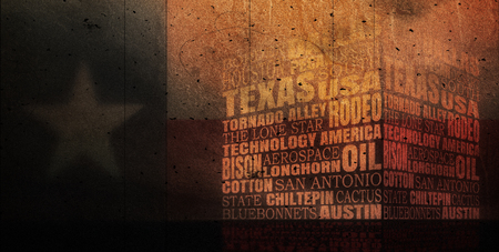 Conceptual Illustration of Tag Cloud With Words Related To Texas State. Flag of the Texas State. Grunge Textuteの写真素材