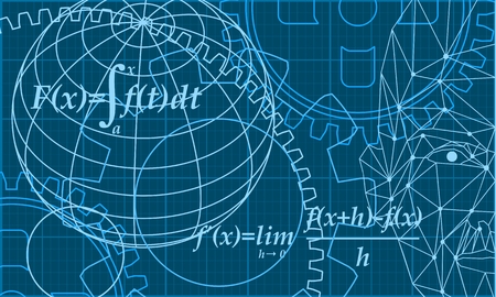 Abstract futuristic stripe line printed circuit board pattern with gear wheel and math formula on blue colorのイラスト素材