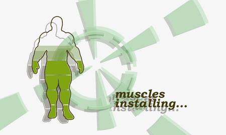 Installing muscles please wait. Humorous hand written quote. Bodybuilder outline silhouette. Muscular man posing. Simple style illustration. Sport concept. 3D renderingの写真素材
