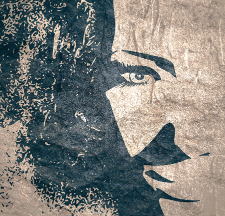 Face side view. Elegant silhouette of a female head. Portrait of a happy smiled womanの写真素材