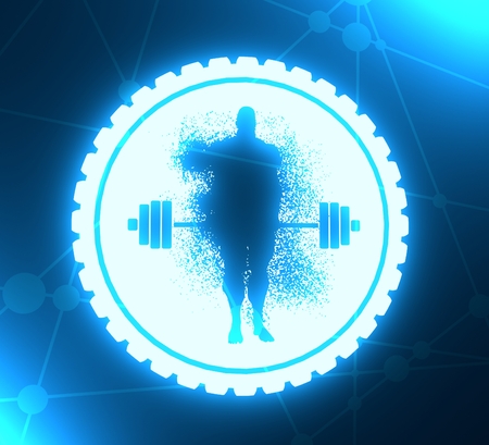 bodybuilder and barbell silhouettes. Icon of the posing athlete. Sporty style stamp with outline silhouette. 3D rendering. Neon bulb illuminationの写真素材