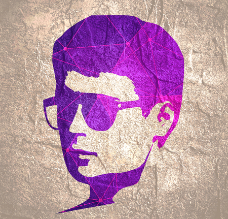 Man avatar half turn view. Gradient paint male face silhouette or icon. Portrait with sunglasses. Silhouette textured by lines and dots patternの写真素材
