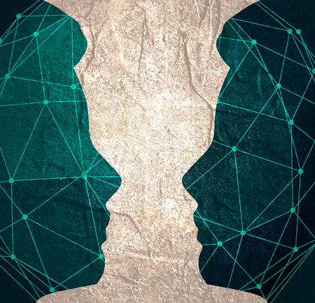 Silhouettes of a humans head. Scientific medical designs. Human communication. Silhouettes textured by lines and dots patternの写真素材