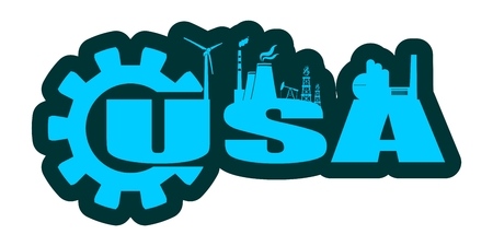 Energy and Power icons. Sustainable energy generation and heavy industry. USA word decorated by gearのイラスト素材