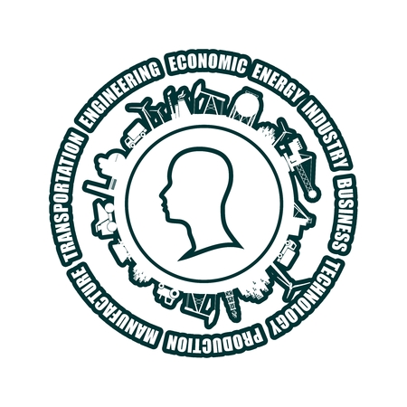 Circle with industry relative silhouettes and head icon. Objects located around the circle. Industrial design background.のイラスト素材