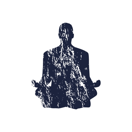 Businessman sit in meditation pose. Cutout silhouette. Grunge textureのイラスト素材