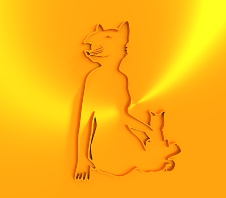 The woman sitting with cat. Woman with head of Bull terrier or big mouse. Outline silhouettes. 3D rendering.の写真素材