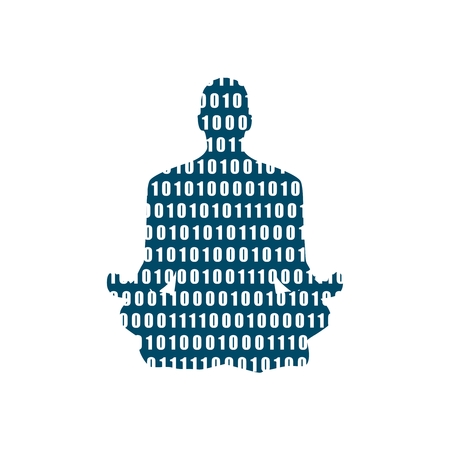 Businessman sit in meditation pose. Cutout silhouette. Binary code textureのイラスト素材