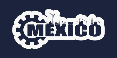 Energy and Power icons. Sustainable energy generation and heavy industry. Mexico word decorated by gearの写真素材