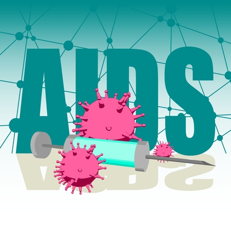 Abstract virus image on backdrop and AIDS text. AIDS virus danger relative illustration. Medical research theme. Virus epidemic alertのイラスト素材