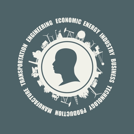 Circle with industry relative silhouettes and head icon. Objects located around the circle. Industrial design background.のイラスト素材