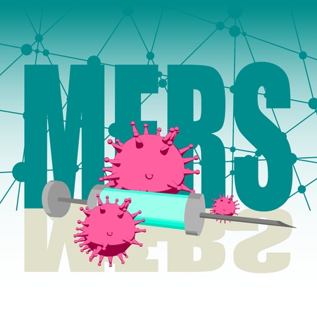 Abstract virus image on backdrop and MERS text. MERS virus danger relative illustration. Medical research theme. Virus epidemic alertのイラスト素材
