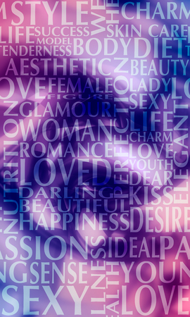 Woman and love relative words. Keywords cloud. 3D rendering. Abstract geometry backdropの写真素材