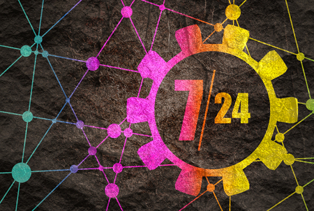 7 day 24 hours time operation mode in gears icon. Molecule and communication background. Connected...