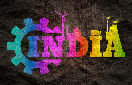 Energy and Power icons. Sustainable energy generation and heavy industry. India word build in gearの写真素材