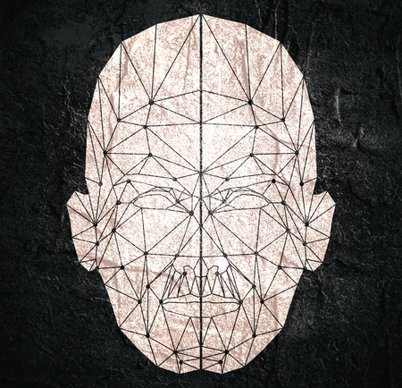 Human face low polygon. Wireframe mash head shape consisting of connected dots and lines. Abstract human illustrationの写真素材