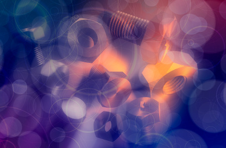 Nuts and bolts levitation group. Abstract backdrop. 3D rendering.