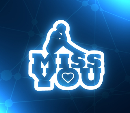 Miss you text with heart icon and sitting on them woman silhouette. Background relative to valentines day. Design element for greeting card or sticker. 3D rendering.の写真素材