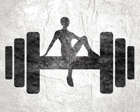 Sporty woman sits on a dumbbell. Short hair girl silhouette. Emblem for sport club.の写真素材