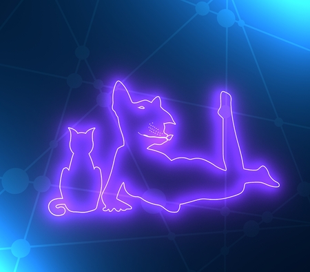 The woman sitting with cat. Woman with head of Bull terrier or big mouse. Outline silhouettes. 3D rendering.の写真素材