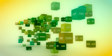 Domain names words on vibrant multicolored plastic reflective cubes. Relative to business and...