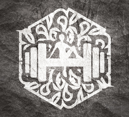 Sporty woman sits on a dumbbell. Short hair girl silhouette. Emblem for sport club. Stamp in the ornamental frameの写真素材