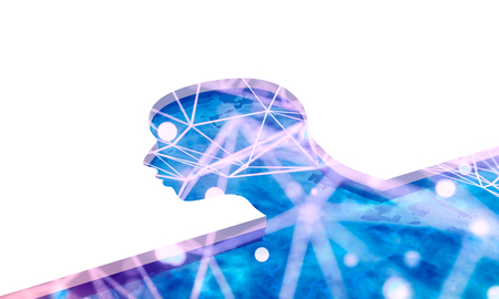 North pole arctic ocean and icefield. Ice floe on blue water with cutout silhouette of a head. Winter landscape digital illustration. 3D renderingの写真素材