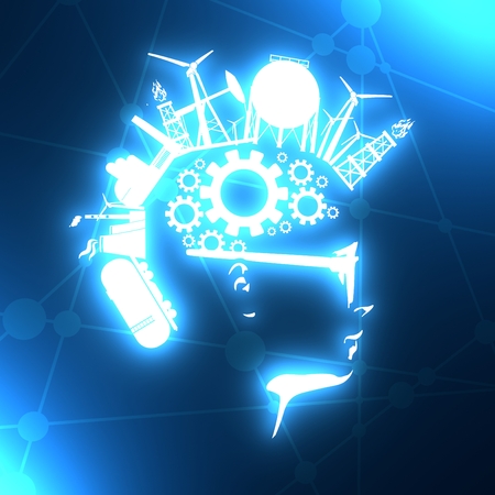 Man avatar profile view. Face silhouette with industrial icons as a hair. Mohawk hairstyle. Portrait with sunglasses. Gears group as a symbol of a brains. 3D rendering. Neon bulb illuminationの写真素材