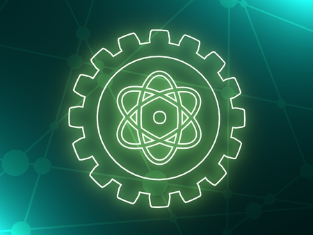 Pictograph of atom in the center of gear. Brochure or report design template. 3D renderingの写真素材